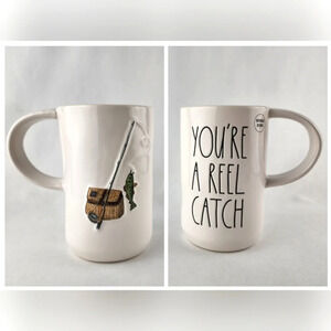 Rae Dunn Artisan  Double Sided YOU'RE A REEL CATCH Fishing Tall White Green Mug